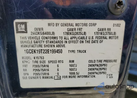 2002 Chevrolet Silverado K1500 from USA, damaged, VIN 1GCEK19T22E199450